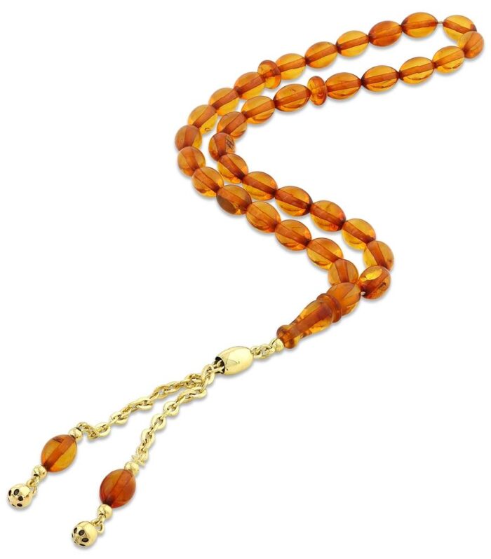 Kehribar Doğal Taşlı Altın Tesbih